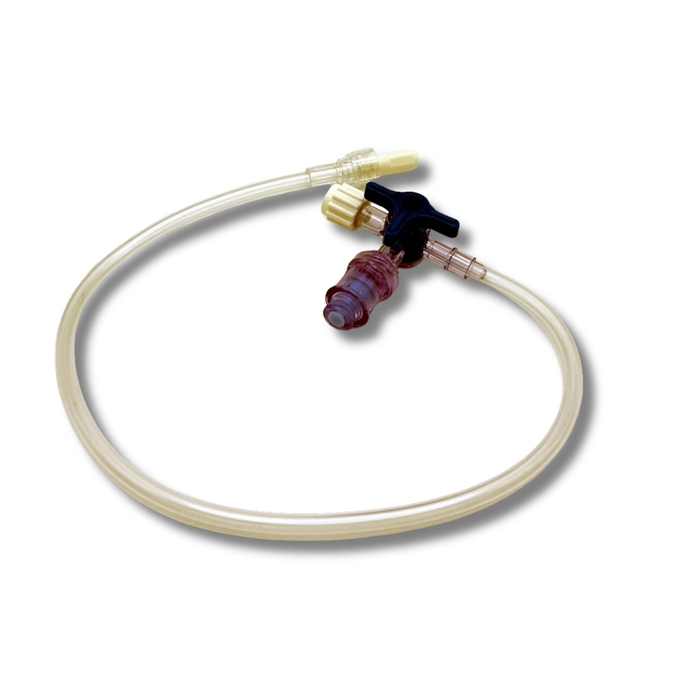 3 Wege Hahn blau m. Injektionsport, 30 cm Verlängerung, 50 Stk