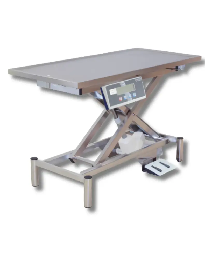 PannoMed VET LIFT Tisch feststehend mit einseitig eingebauten Rollen hydraulisch fixe Edelstahlplatte