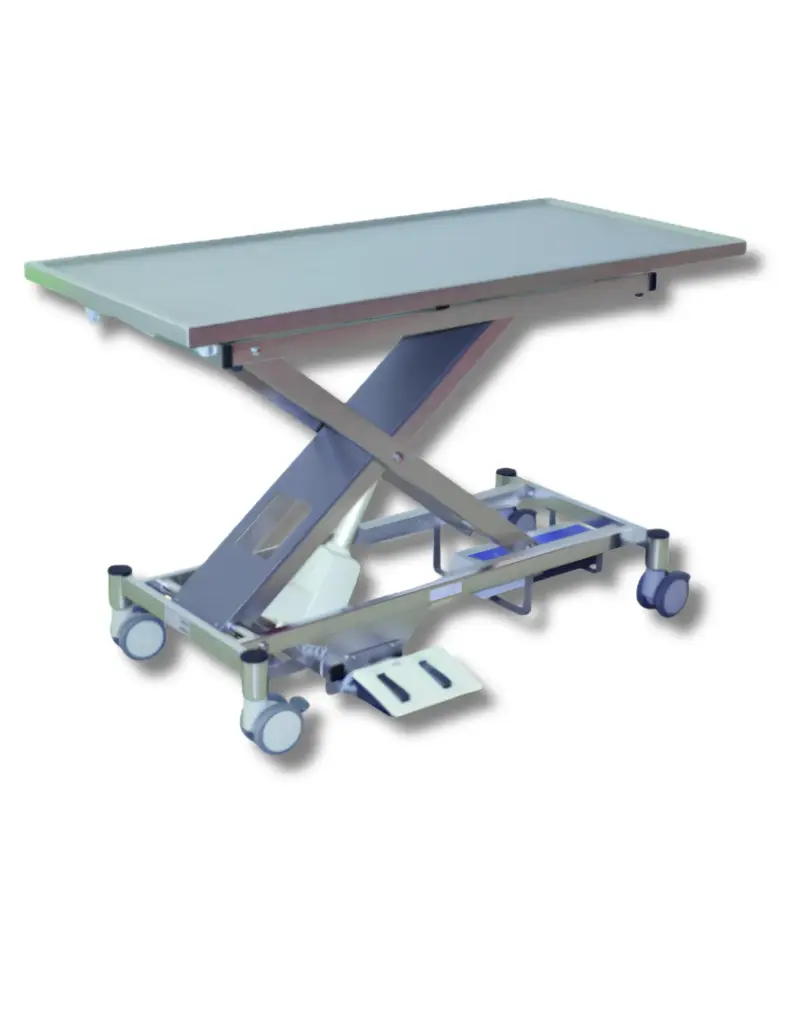PannoMed VET LIFT Tisch fahrbar mit arretierbaren Doppelrollen elektrisch kippbare Edelstahlplatte