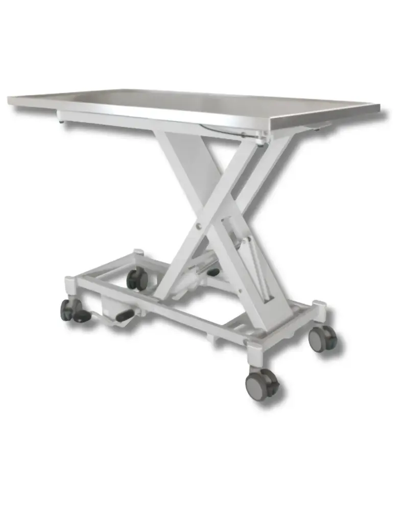 PannoMed VET LIFT Tisch fahrbar mit arretierbaren Doppelrollen hydraulisch kippbare Edelstahlplatte