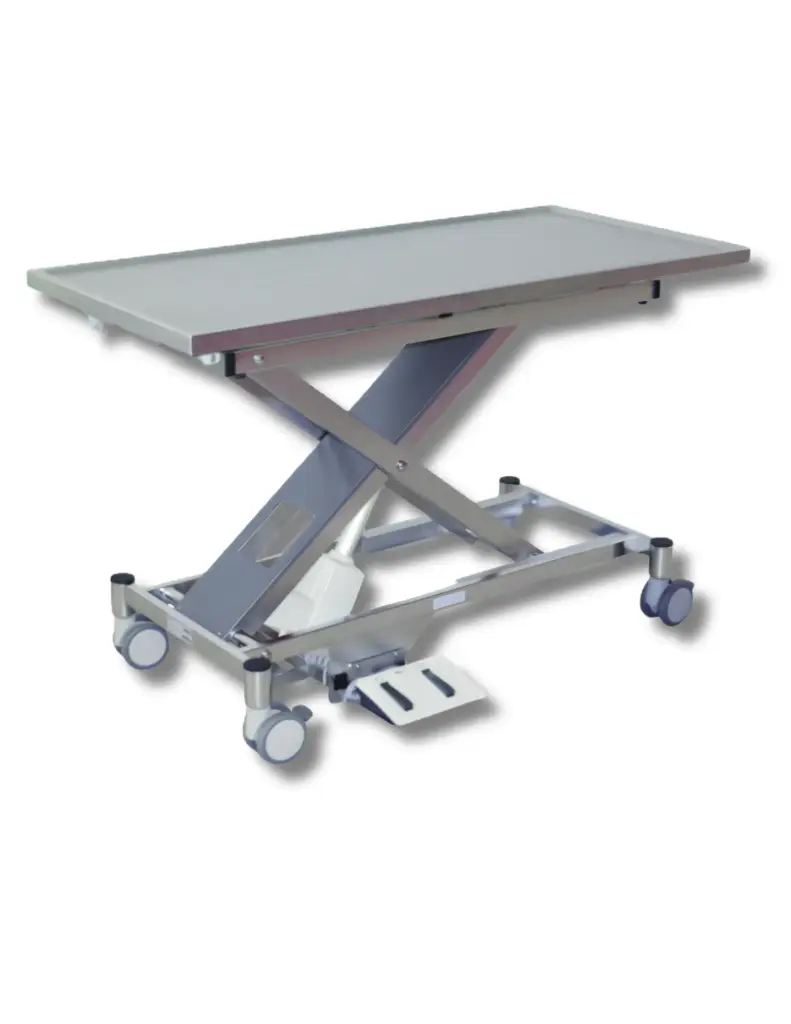 PannoMed VET LIFT Tisch Edelstahl fahrbar mit arretierbaren Doppelrollen elektrisch fixe Edelstahlplatte