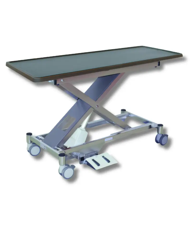 PannoMed VET LIFT Tisch Edelstahl fahrbar mit arretierbaren Doppelrollen elektrisch fixe Kunststoffplatte